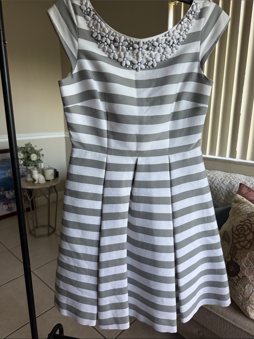 kate spade Gray & White Striped Jewel-Embellished Scoop Dress - Picture 3 of 8